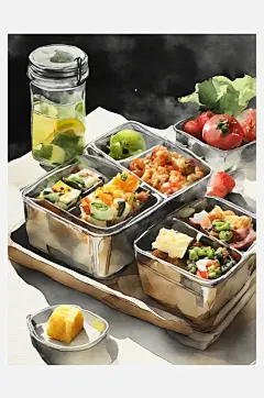 AI数字艺术便当盒美食水彩插图-众图网