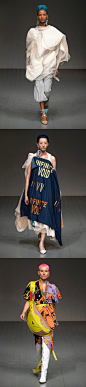 Matty Bovan S/S 2019  伦敦时装周开始, 备受西太后Vivienne Westwood力捧的Matty Bovan春夏系列, 天马行空的想象力, 各种日常用品点缀的头饰... 戏虐欢快, 个性趣味. Fran Summers包揽开闭, Winnie Harlow, Lily Nova等熟面孔参与走秀. ​​​​