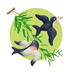 手绘中式清明节青团山水人物春天绿色元素