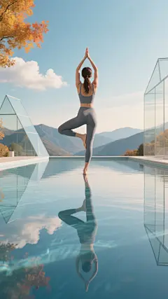 写实风格瑜伽场景，一位女性在清澈如镜的水池表面上做着标准的树式瑜伽姿势，双手合十举过头顶，单腿站立，身体挺拔舒展，穿着紧身的灰色运动服，背后是渐变的秋日蓝天，点缀着几朵白云，远处是连绵的山脉，池边有几何形状的透明玻璃结构，水面倒映着人物和天空的景象，光线柔和明亮，呈现出宁静而祥和的氛围，秋季的色彩元素巧妙融入环境中，整体构图采用对称美学，视觉引导线清晰，具有极强的画面平衡感和深度。