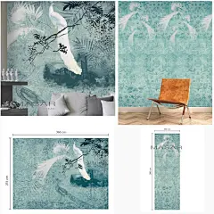 MASAR进口墙纸 欧洲壁纸 艺术背景墙壁画 蓝色 新中式风格 白孔雀-淘宝网