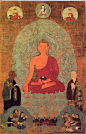 十世噶玛巴曲英多吉法王的唐卡画作-释迦牟尼佛。不同与汉藏却又各有所取，雅洁芬芳，人物表情耐人寻味，禅意充满。