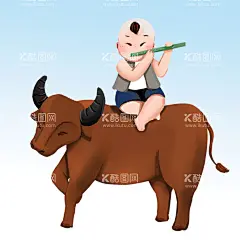  牧童放牛   - 源文件下载【酷图网】手绘,卡通孩子,牧童,放牛,吹笛,元素,