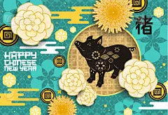 猪,蓝色,春节,贺卡,传统,云,传统节日,动物,问候