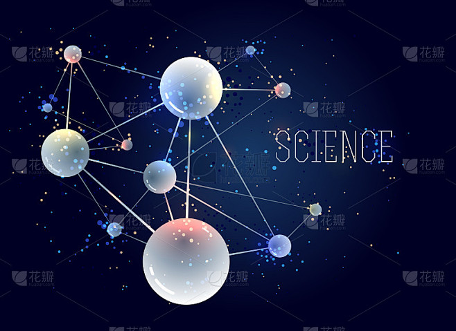 分子矢量抽象背景，三维立体科学化学物理主题设计元素，原子粒子微纳米科学插画。素材-花瓣网