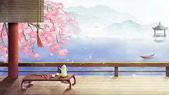 古风山水建筑凉亭荷花风景点插画海报背景