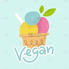 素食冰淇淋标志与字母。可爱的无乳制品冰冻水果甜点冰沙杯与树叶。