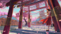 Anime 1920x1080 long hair flowers petals building brown eyes brunette trees Touhou torii Hakurei Reimu miko anime girls