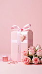 Clean light pink background, a gift box with ribbons on top, roses placed next to it, a box of rose gift boxes, the best clarity, 8K, high-definition, perspective, studio lighting