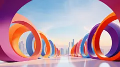城市建筑地平线，橙色、蓝色、紫色鲜艳的圆形设计线条流畅弯曲，