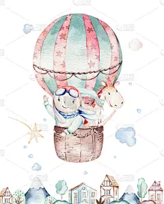 水彩气球宝宝卡通可爱的飞行员航空插图。空中运输气球有长颈鹿和大象，考拉，熊和鸟，云。幼稚的男婴淋浴插