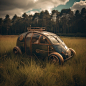 uturistic aerodynamics electric car in the meadow steampunk style, nautilus jules verne. This image needs to be shot like a professional photo shoot using a Leica Q2 with high quality 28mm lens. This image has a shallow depth of field.