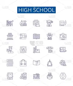 高中线图标设置。教育、学院、学校、学习、中学、文凭、课堂、青少年设计集概述病媒概念图解