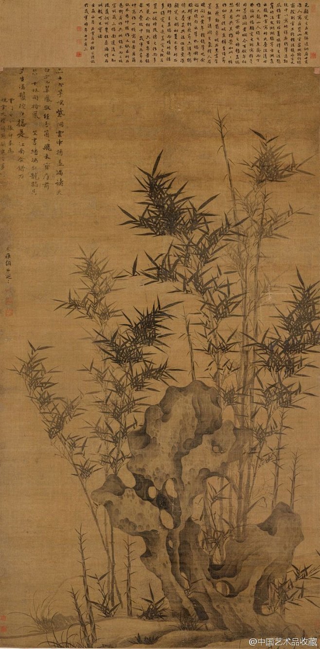 #水墨画#【 元 顾安 《墨竹图》 】顾安擅画墨竹，继承文同的传统，常作风竹新篁，行笔谨严，遒劲挺秀，用墨润泽焕烂，画湖石带勾带染，得皱透之姿 ...