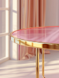 Golden metal round table with light pink border on the full of the table, Desktop glass texture with rich reflective details, simple and clean, white background, bright scene, high exposure, 3D, OC