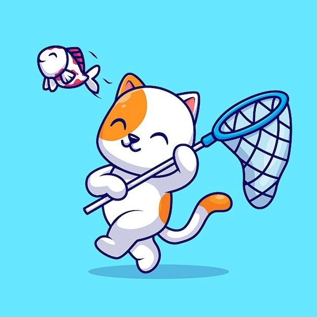 小猫捕鱼卡通插画矢量图设计素材