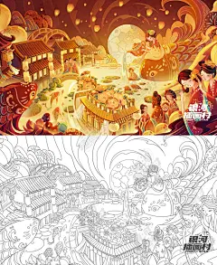 商业作品丨国风线性大场景插画 - 小红书
