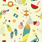 Summer icons with retro pattern background.