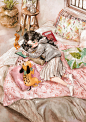 【韩国插画家Aeppol 的「森林女孩日记」系列插画】——  舒适的床，喜爱的书，聊天的小伙伴……困了就睡的假日模式 ~ 