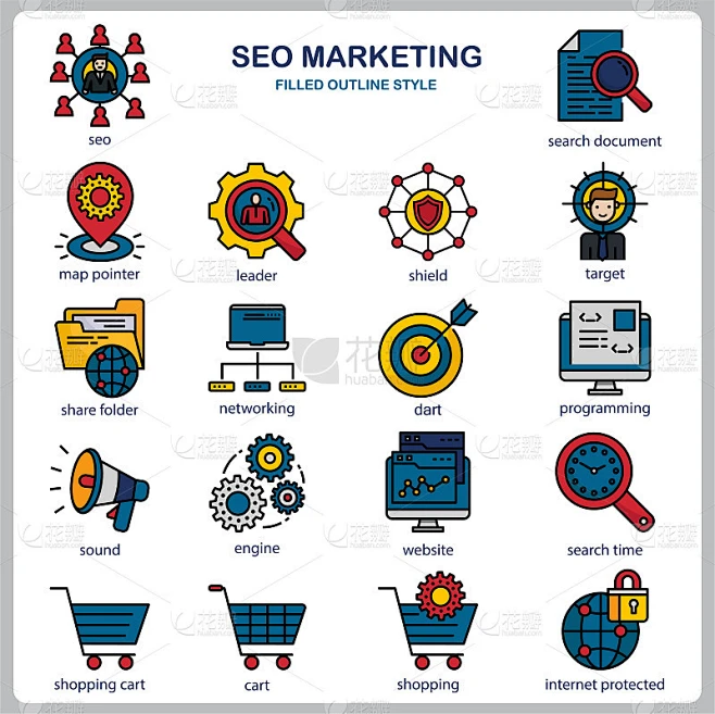 SEO营销图标设置为网站，文件，海报设计，印刷，应用。SEO营销概念图标填充轮廓风格。