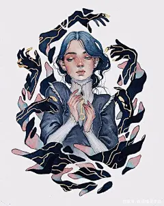 水彩人物插画∣艺术家笔下的少女，色彩深沉美而动人15图