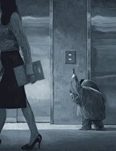 【插画】《Cicada》（蝉）是一本讲述办公室白领生活的图像小说，共32页，来自澳大利亚艺术家Shaun Tan，“最初的想法来自2005年在柏林旅行期间（虽然它也可能是世界上任何一座城市），我看着灰白色的办公楼，布满了几百个灰色的窗户，其中一个窗口放了一盆开着鲜红色花朵的盆栽；另一个灵感来自我卧室 ​​​​...展开全文c