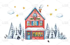 装饰圣诞房子在雪域森林。水彩插图。