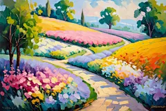 田园花丛花园绘画景色油画插画图片