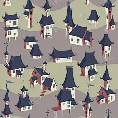 古城,漫画,四方连续纹样,夜晚,纺织品,式样,小的,童话故事,建筑,重复