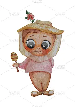 可爱的小养蜂人戴着一顶防蜂蜇的帽子，手里拿着蜂蜜。儿童插图。水彩。在白色背景上手绘。儿童设计、明信片