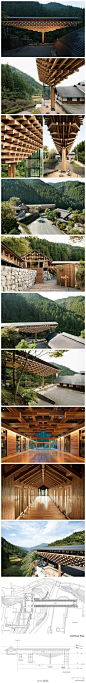 梼原木桥博物馆，位于日本高知县，由隈研吾建筑事务所设计。建筑被设计成极具雕塑感的三角体量，桥体部分是艺术家住宿和工作场所，并连接了道路两边的建筑。建筑师用小部件组成大悬挑的红衫木结构体系，其灵感来自日本和中国传统建筑的精髓：悬臂结构，全新的建筑形式散发着浓浓的亚洲风味。