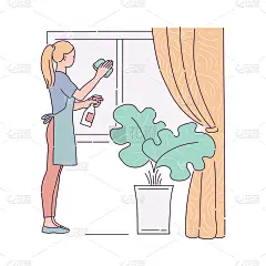 家庭主妇做家务和洗窗户，绘制矢量图。