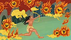时尚简约绿黄色手绘中国风神话插画