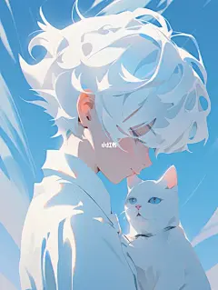 Midjourney｜蓝色简约抱猫-男生版