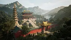 古刹禅意山水画卷高清模板免费下载-趣麦麦图