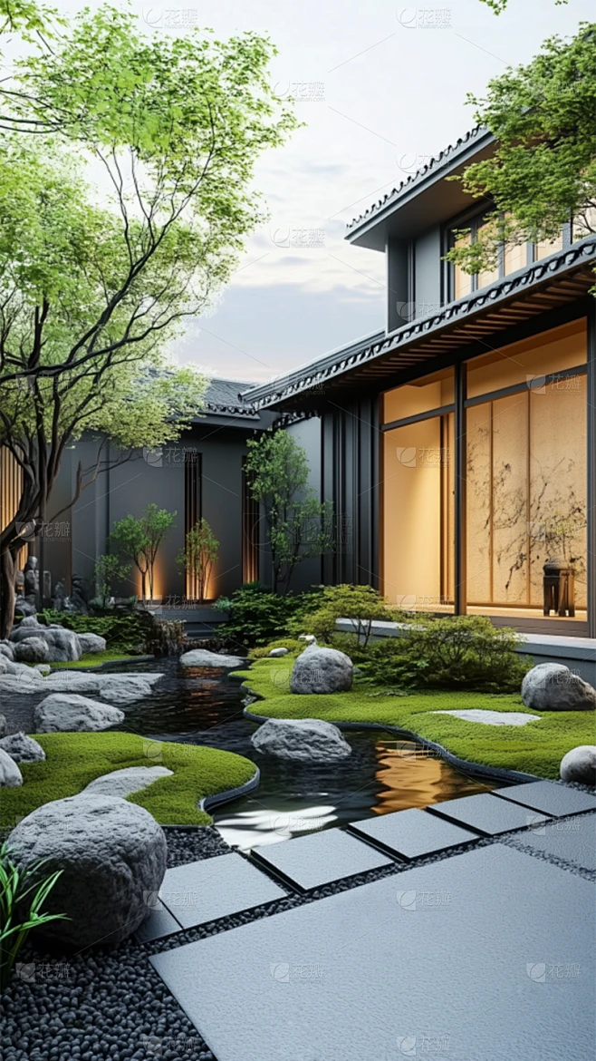 建筑系列通用实景禅意庭院池图片素材-花瓣网