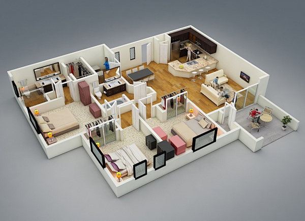 25个三居室户型3D布局效果图