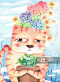 唯美动物插画系列-水彩画猫捧花_创意图片