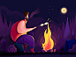 Campfire camping camp bonfire outdoor moon smoke tent fire campfire man people character website web ui illustration