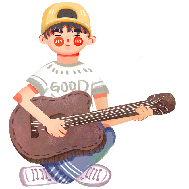 手绘坐着弹吉他的卡通男孩元素
