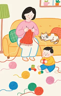 居家手工织毛衣童趣插画