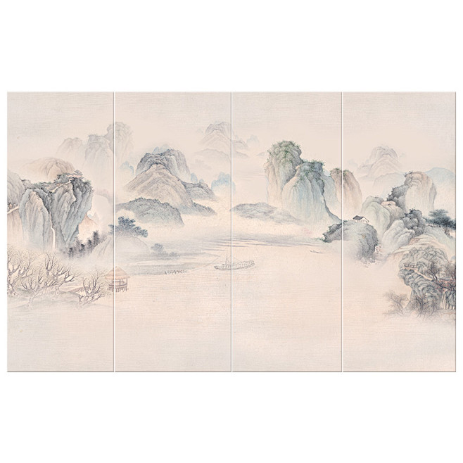 新中式山水水墨硬包背景墙面软包卧室床头软...