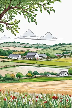 农村房屋田地风景插画