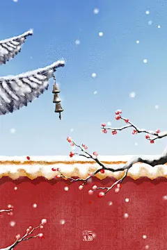 石家小鬼原创中国风二十四节气插画，商用请联系邮箱shijiaxiaogui@qq.com，未经允许严禁商用。故宫 冬季 梅花 雪