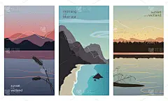 风景明信片上的日落在湖，早晨在蓝色的大海和日出在湿地。彩色的垂直背景集。手绘，纹理和矢量平面风格。