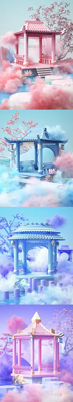 清新烟雾风亭子梦幻3D展台海报背景