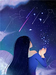 少女鲸鱼手绘手机壁纸星空夜晚儿童插图插画PSD设计素材高清图片-淘宝网