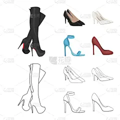 足,高大的,图标集,分离着色,红色,鞋子,图像,婚礼,设计,收集