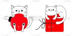 猫。捧着大红色圣诞快乐球、礼盒。可爱的卡通人物。Giftbox弓。有趣的卡哇伊涂鸦轮廓线宠物动物。圣
