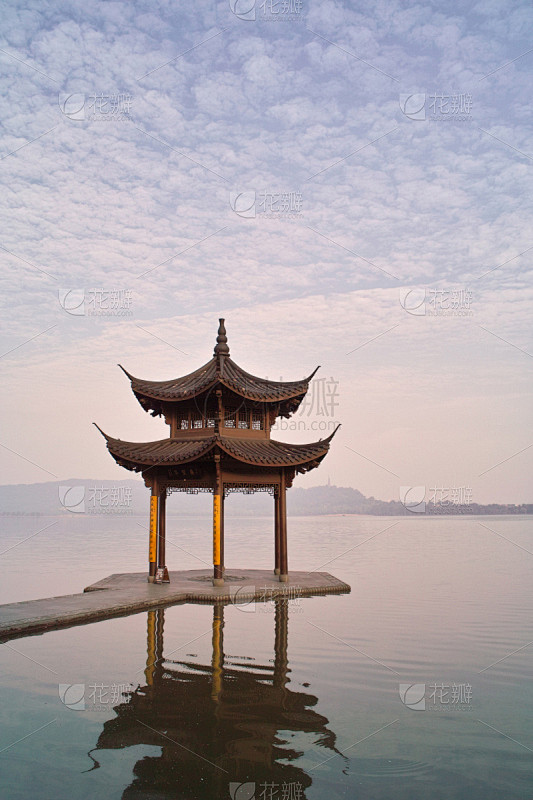 亭台楼阁,西湖,杭州,垂直画幅,天空,宁...